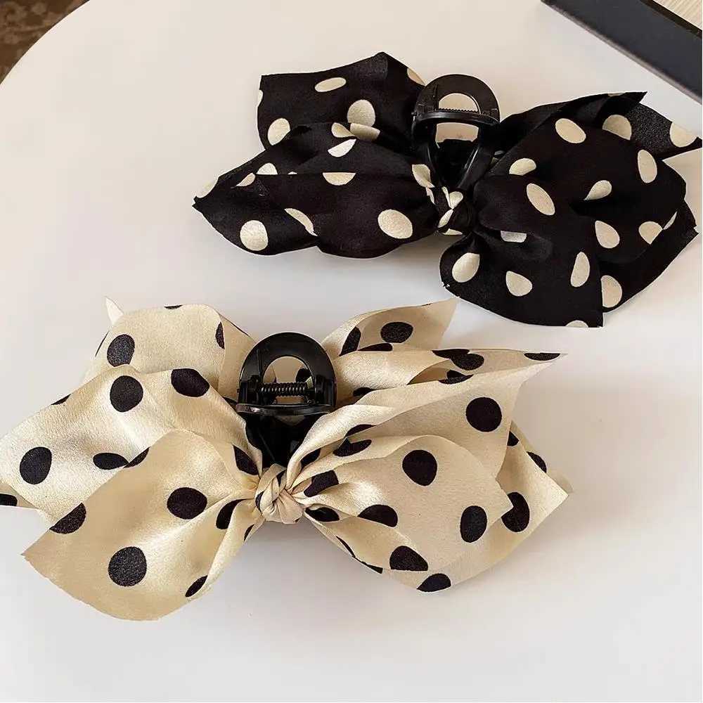 Double Sided Bow Hair Claw Satin Cross Knotted Grab Clip Polka Dot Big Bow Hair Clip Back Of The Head Shark Clip Ponytail Holder H260402