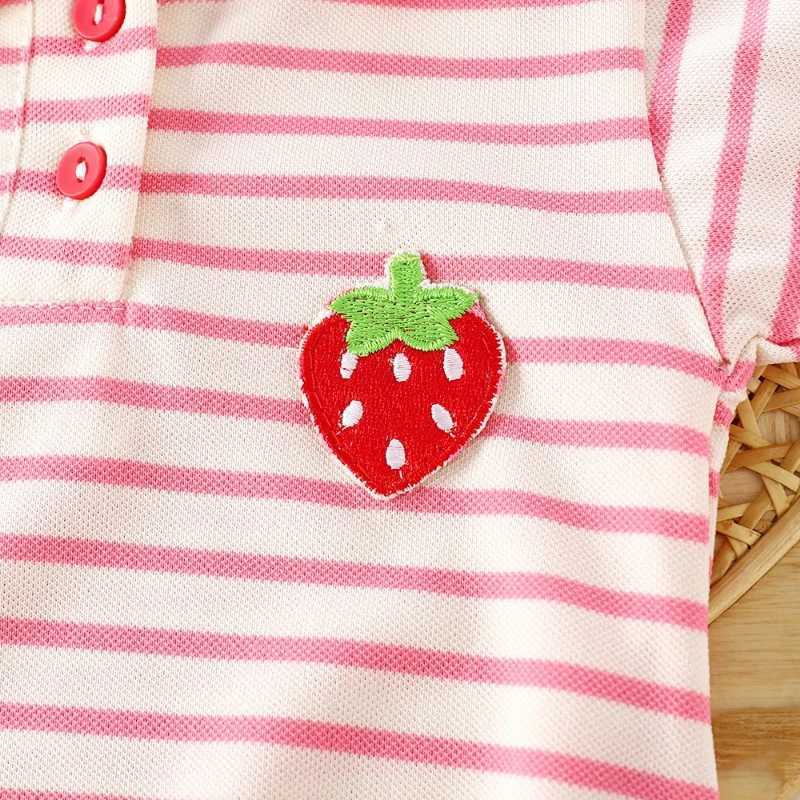 2025 New Childrens Dress Girls Summer Korean Edition Striped Strawberry Lapel Polo Collar Striped A-line Skirt 1-10 Years Old H260402