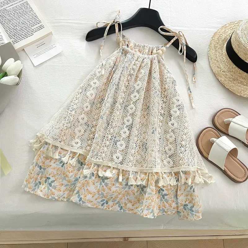 2-12Y Baby Girls Dress New 2025 Summer Fashion Korean Girls Sweet Floral Suspenders Skirt Babys Girl Cute Childrens Lace Dress H260402
