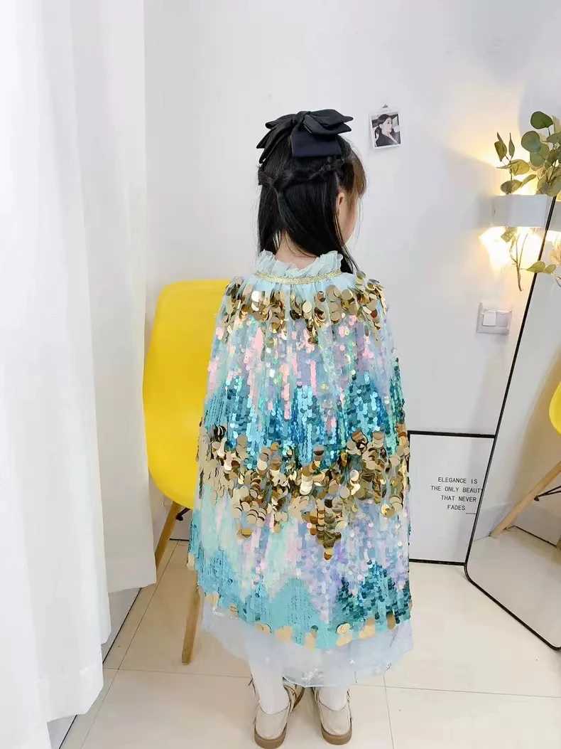 Cute Button Shining Sequins Cloak 2025 New Girls Princess Mermaid Dress Up Capes Party Girls Performance Shawl Halloween Xmas H260402