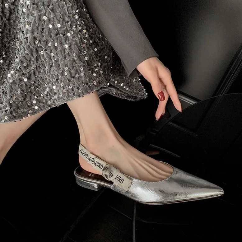 New Summer Low Block Heel Suede Pointed Toe Low-Cut Flats with Letter Back Strap Closed-Toe Sandals H260402