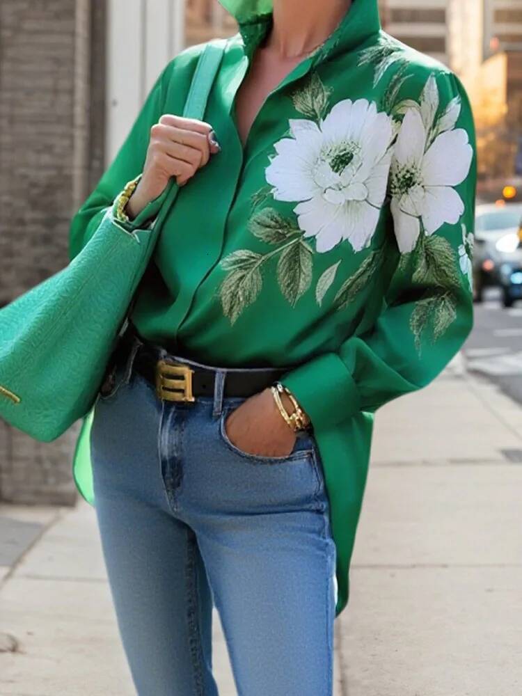 UOOZEE 2026 New Spring Floral Print Long Sleeve Green Shirts Loose Button Down Tunic Tops Elegant Party Lapel Blouses For Ladies ddmysept