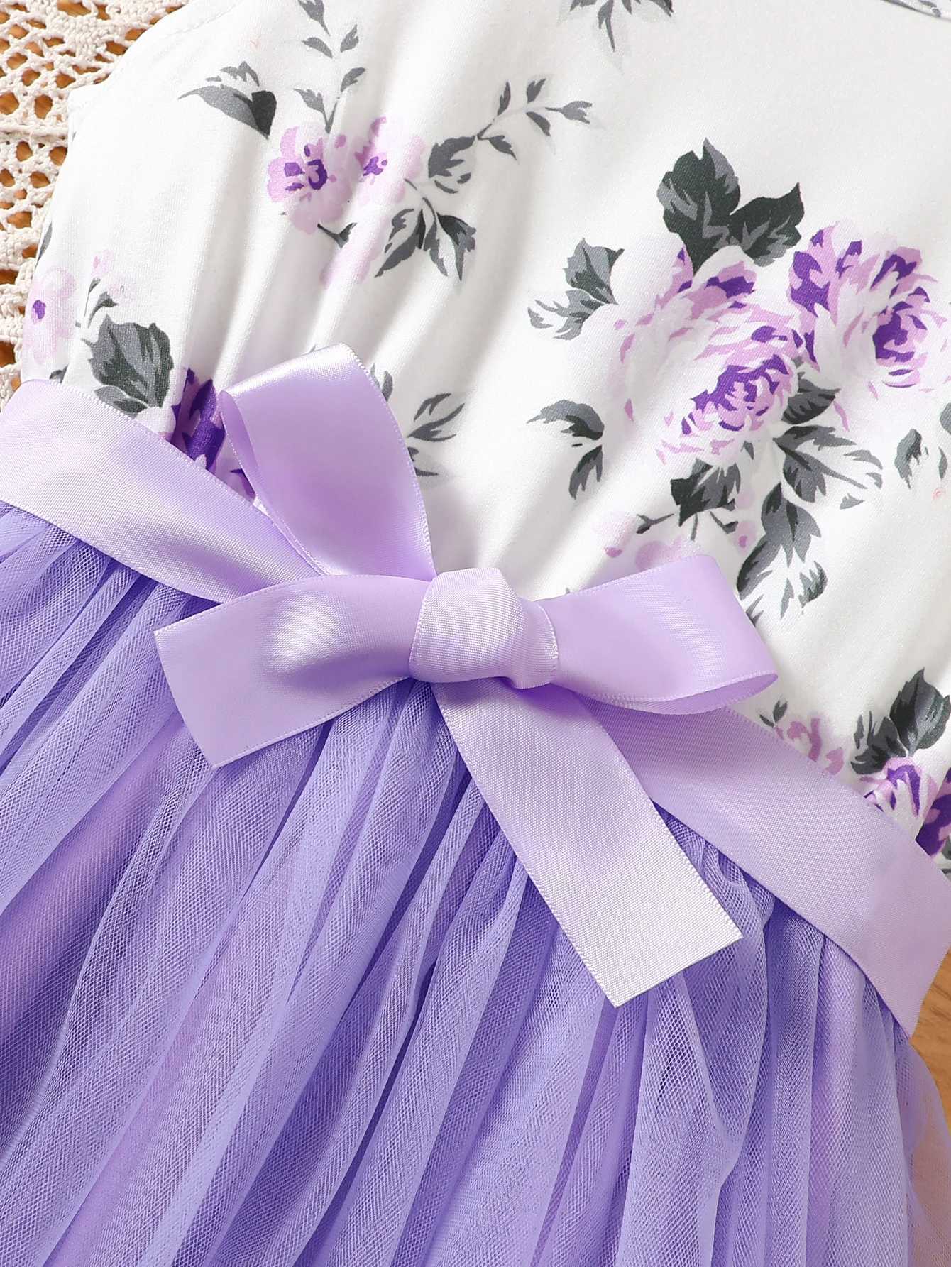 Girls Casual Fashion Knitted Sleeveless Round Neck Flying Sleeves Ruffled Flower Digital Printed Mesh Dress Holiday Beach Party Gift with Ribbon H2604