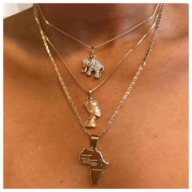 Anniyo 3Pieces Ankh Nefertiti Africa Map Pendant Necklaces Gold Color Wedding Birthday Party Ethnic Jewelry Women Men #256306 240802