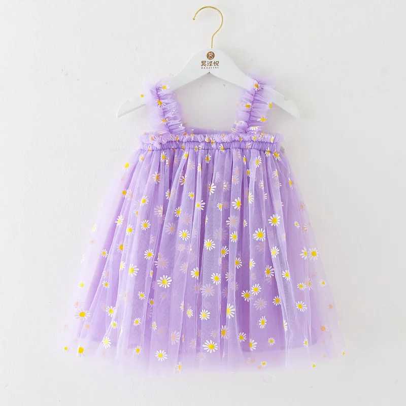 Toddler Girls Summer Sling Dress Sleeveless Daisy Print A-Line Tulle Princess Dress Kids Birthday Party Skirt Cute Baby Clothes H260402
