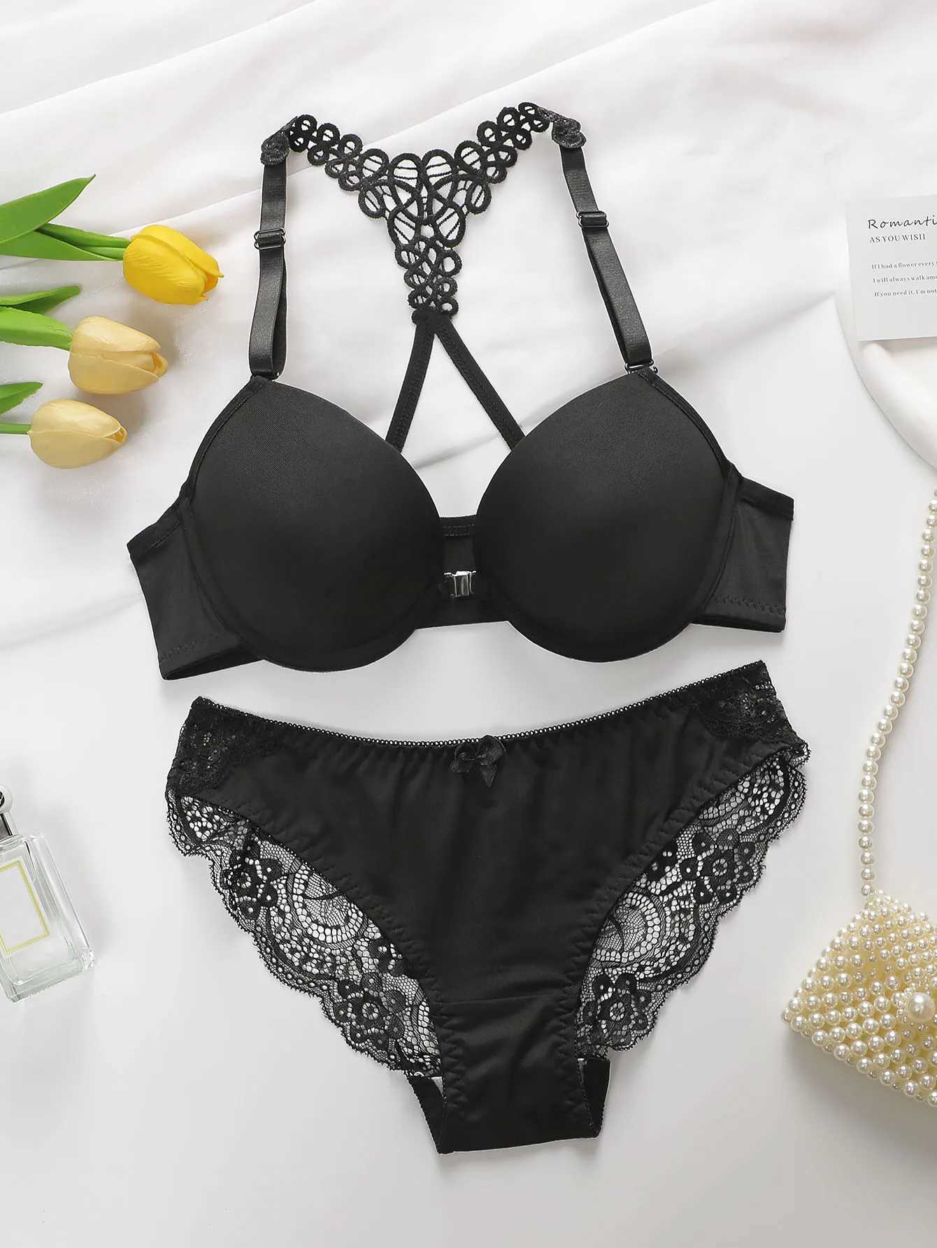 Ladies black red blue with steel rims front buckle beautiful back pull up bra underwear set A2128 Z260402