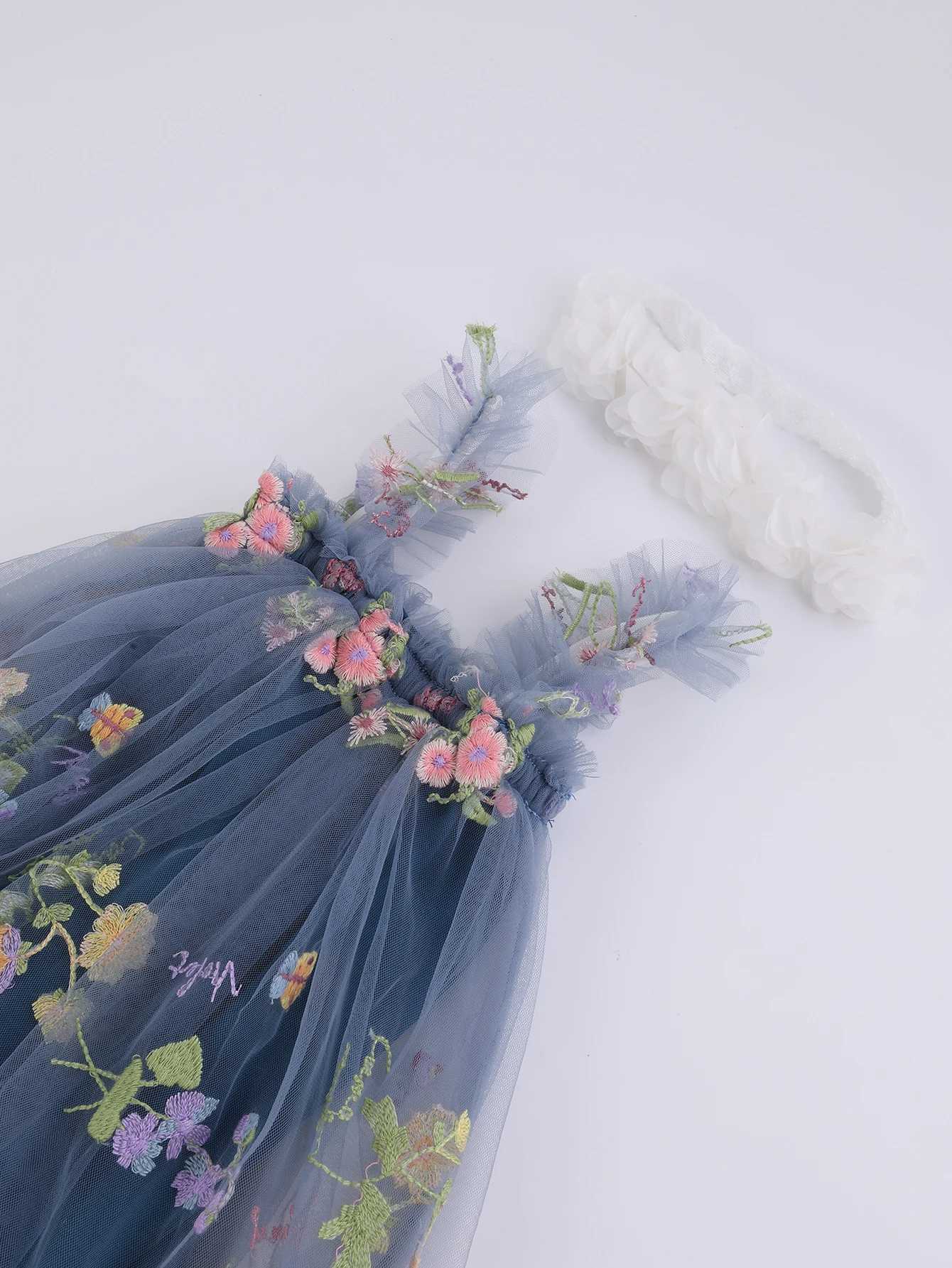 Infant Toddler Baby Girls Tutu Dress Sleeveless Flower Embroidery Tulle Dress Little Girls Princess Dresses with Flower Headband H260402