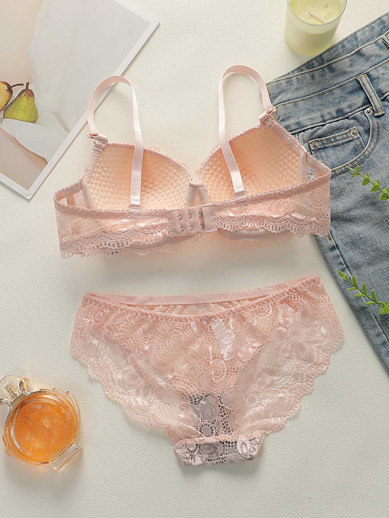 Pink Floral Lace set Lingerie Romantic Bralette Panty Girl set Women underwear set Womens 2-piece underwear set A2123 Z260402