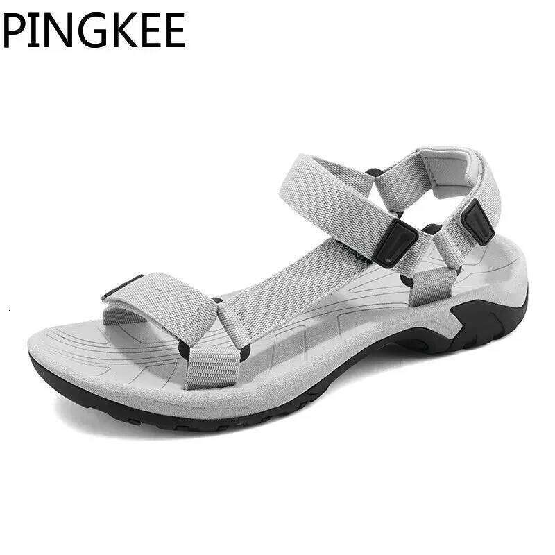 PINGKEE Fabric Upper Adjustable Hook Loop Closure Open Toe Sandals Leather Male Sandal Classic Summer Slip on Flat Men's Shoes