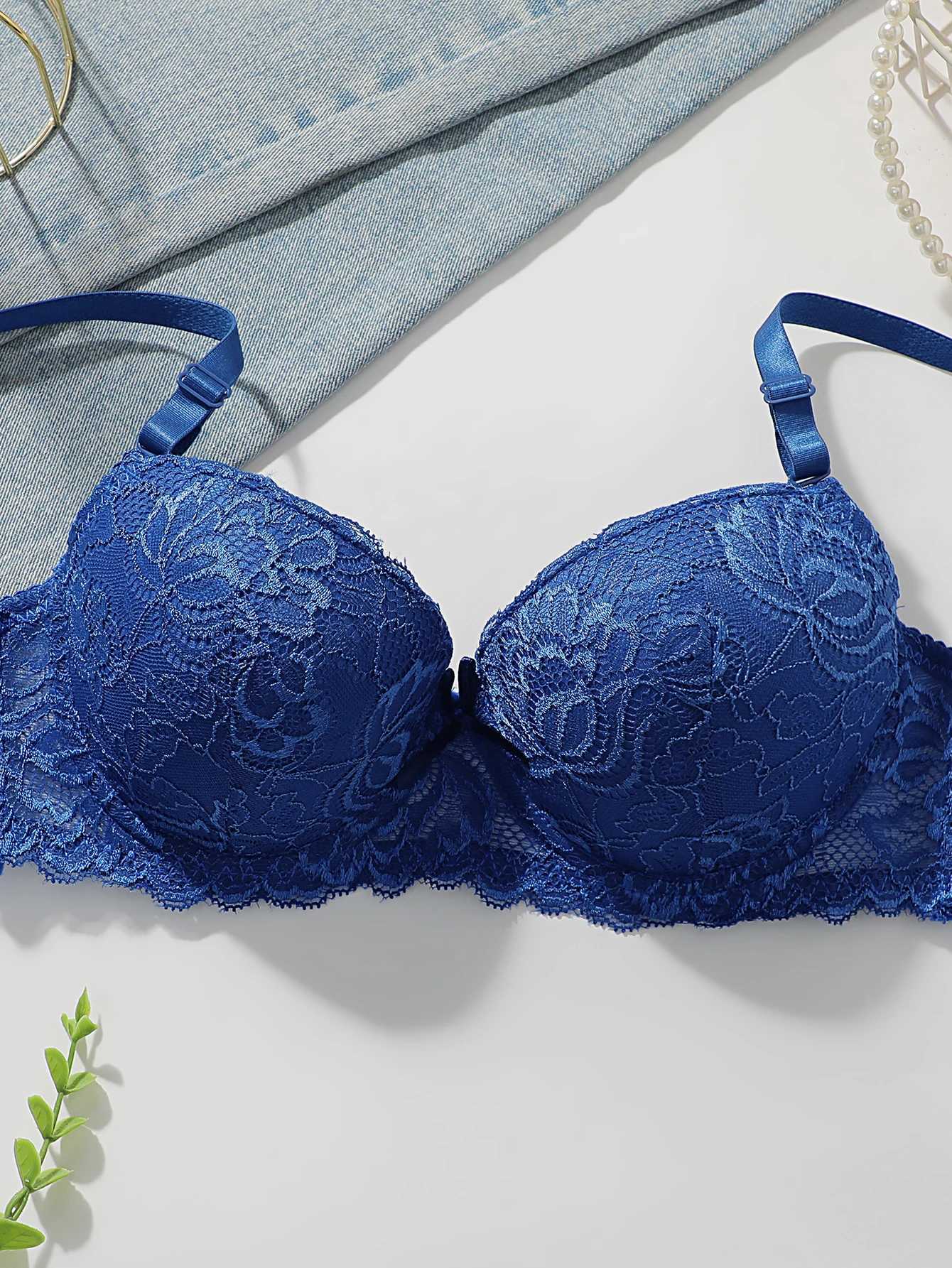Blue Lace Push Up Bra Set Women Underwire Bra Panty Set Lingerie Sets Breathable Ladies Intimates Z260402