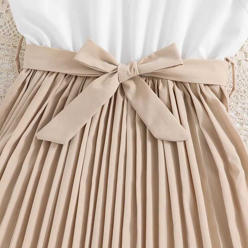 Sweet and elegant dress with lace collar and flying sleeves for girls aged 4-13 pleated skirt with belt included for summer H260402