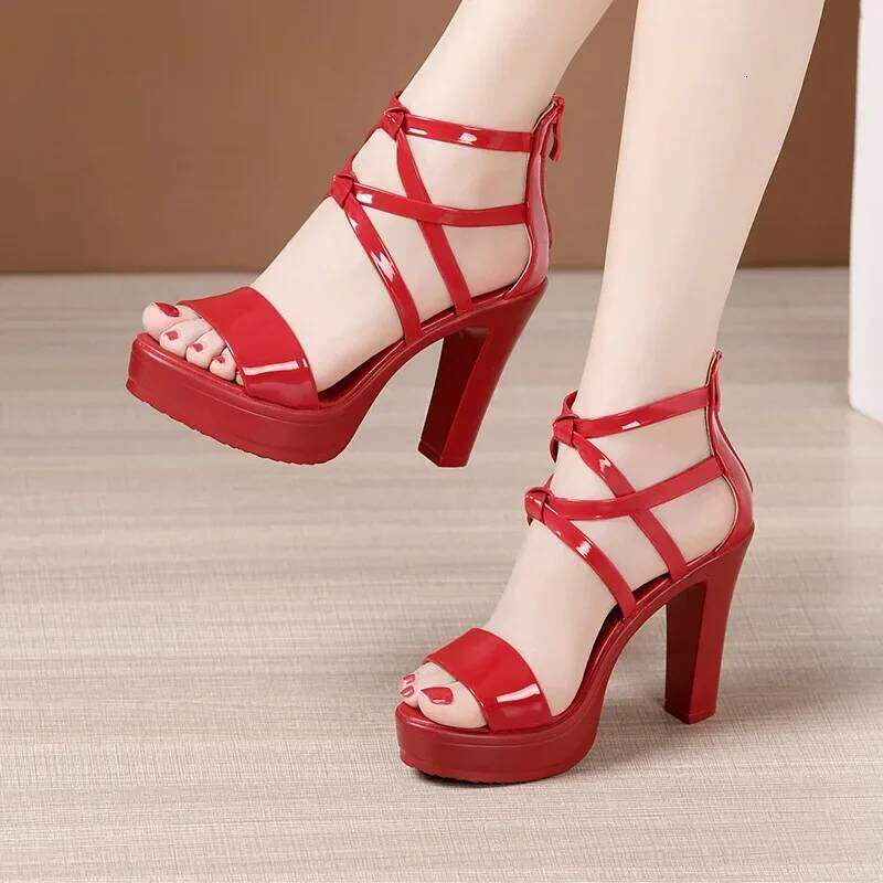 Big Size 32-43 Block Heel Platform Women Wedding Shoes 2025 Summer High Heels Gladiator Patent Leather Sandals