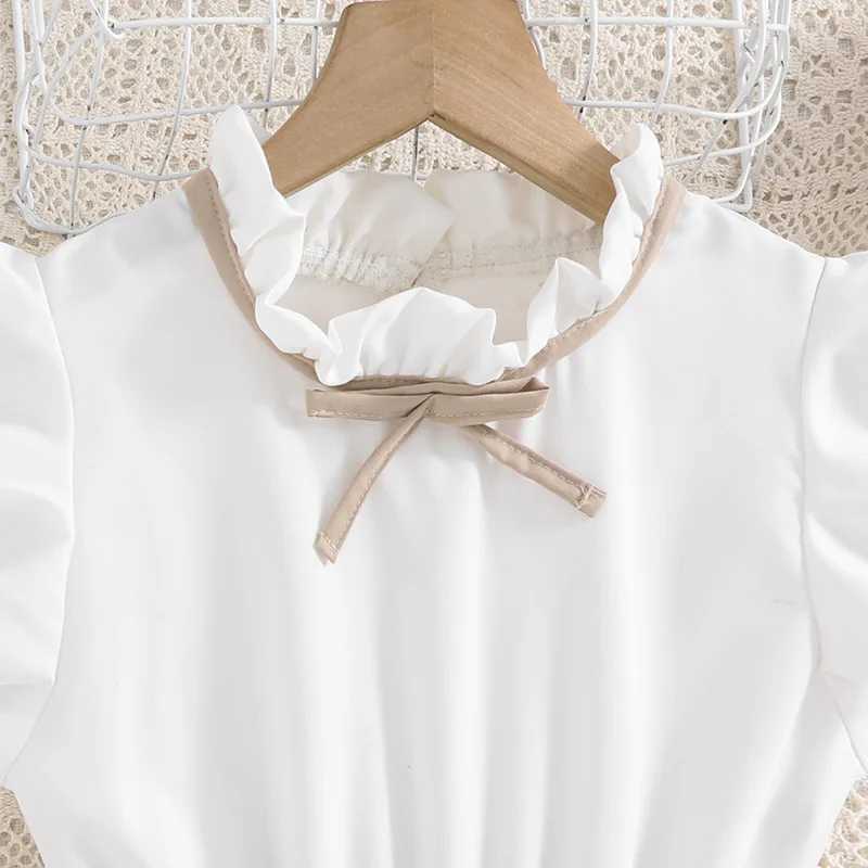 Sweet and elegant dress with lace collar and flying sleeves for girls aged 4-13 pleated skirt with belt included for summer H260402