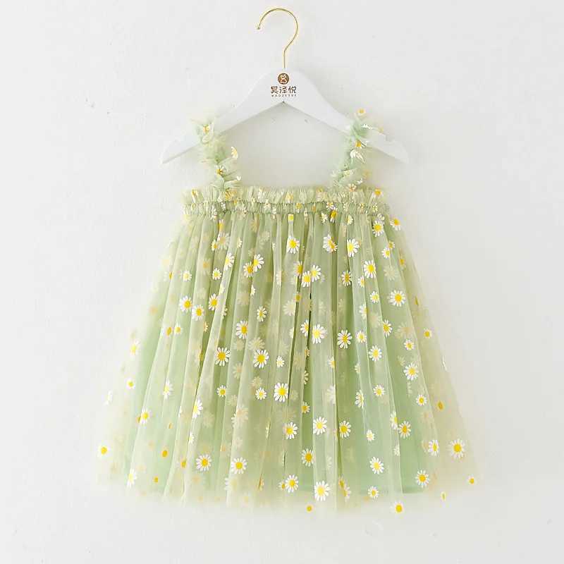 Toddler Girls Summer Sling Dress Sleeveless Daisy Print A-Line Tulle Princess Dress Kids Birthday Party Skirt Cute Baby Clothes H260402