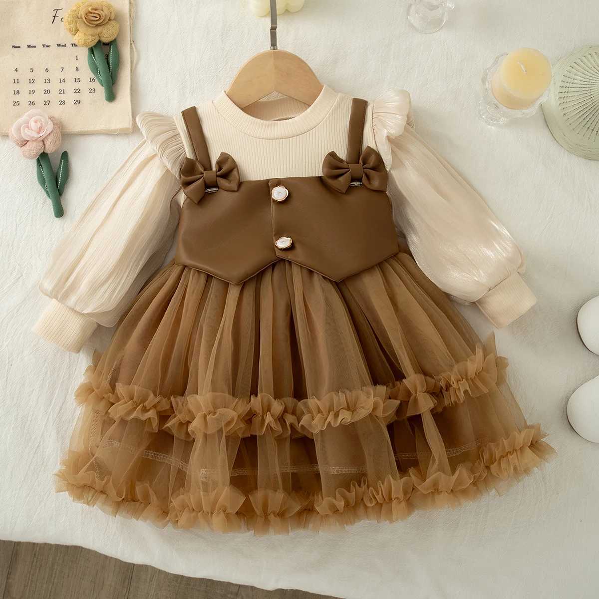 Autumn New Solid Color Chiffon Baby Girl Princess Dress Sweet Bow ChildrenS Clothing For Birthdays 6 Months -3 Years H260402