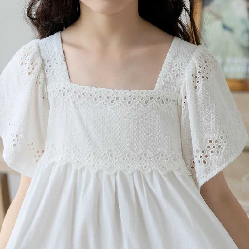 2026 Summer Girls White Lace Dress Cotton Square Collar Flare Sleeve Princess Dresses for Kids 12 13 14 Years Children Clothes H260402
