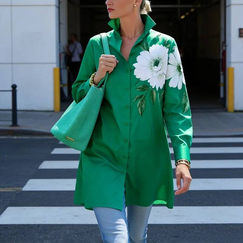 UOOZEE 2026 New Spring Floral Print Long Sleeve Green Shirts Loose Button Down Tunic Tops Elegant Party Lapel Blouses For Ladies ddmysept