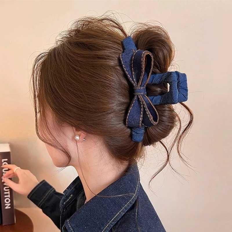 Leopard Print Bow hair claw Women large claw clip Satin Solid Color HairClip Denim HairAccessories H260402