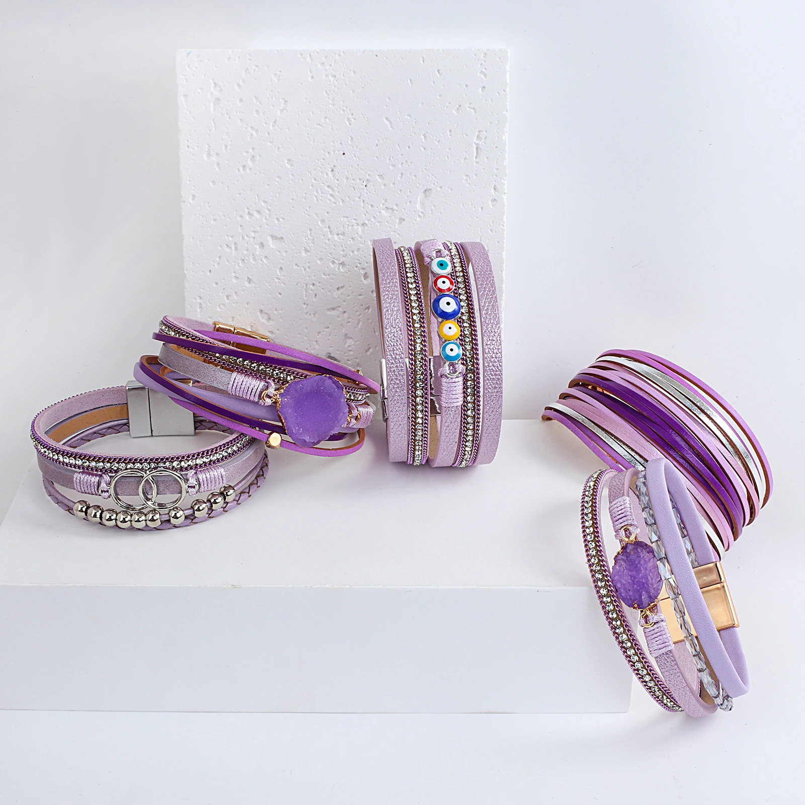 ALLYES Elegant Purple Leather Bracelets for Women Men Bohemian Charm Crystal Beads Heart Bracelet Cuff Bangles Jewelry Gifts 260318BJ - view 7