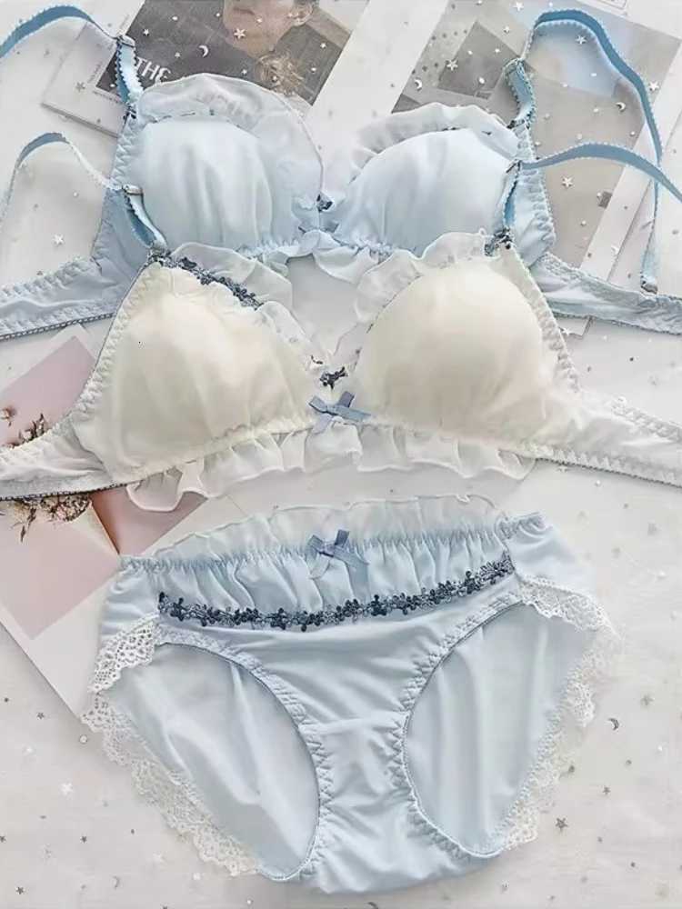 Kawaii Japanese Wirefree Bra Set Lace Mesh Push Up Triangle Bralette for Small Chest Cute Underwear MOYISU Set Bras Panty AB Z260402
