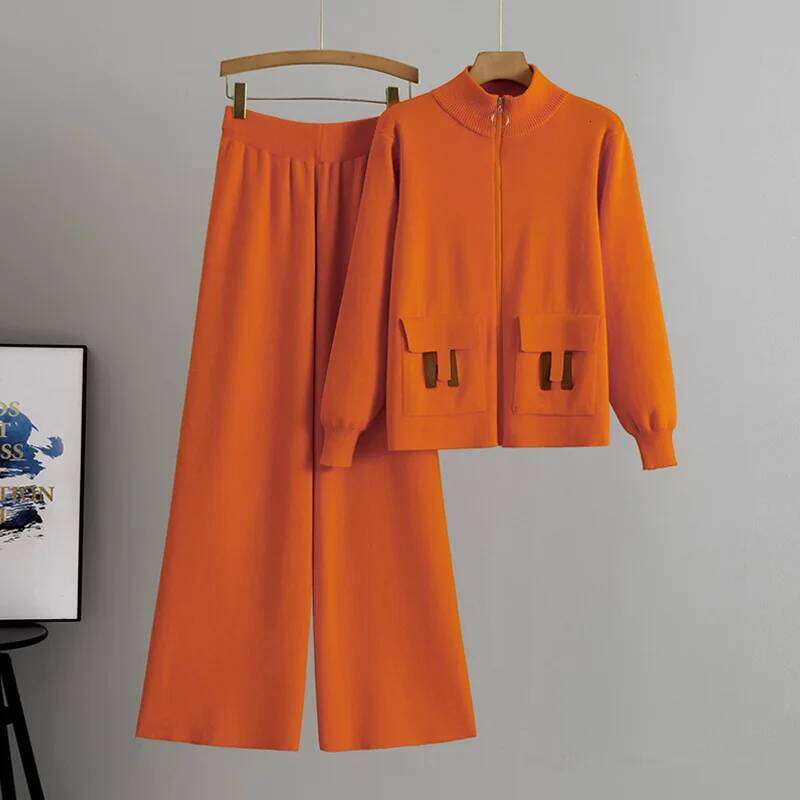 Women 2 Piece Set Knit Sweater Jacket Cardigan Wide Leg Pant Casual Knitted Outfits Tracksuit Suit Autumn Winter Knitwear
