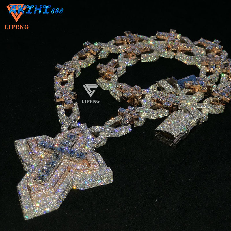 2026 Lifeng Jewelry Bust Down VVS Moissanite Two Tone Cross Pendant Hiphop Sterling Silver Diamond Charm Necklace Jewelry Set