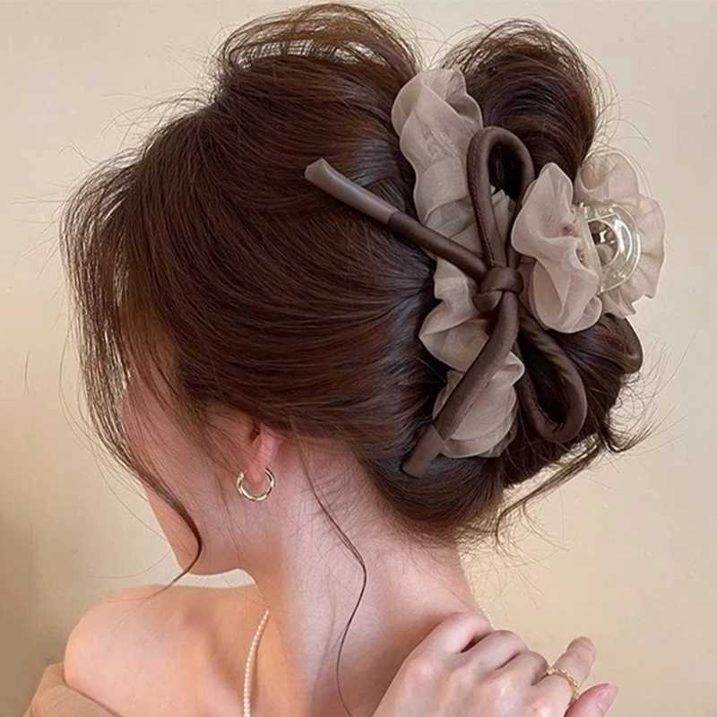 2025 New Mesh Tulle Large Bowknot Grab Clip Elegant Retro Female Ponytail Braid Claw Clip Hair Accessories Gift Headdress H260402