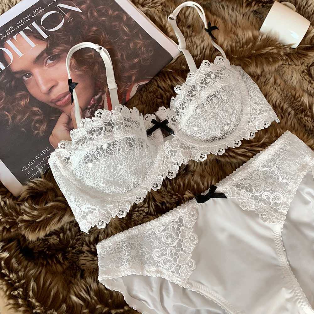 Hot Sale Women Ultra-thin Underwear Lace 1/2 Cup Bra Set Hollow Embroidery Half Cup Push Up Brassiere Plus Size Bras Set Z260402