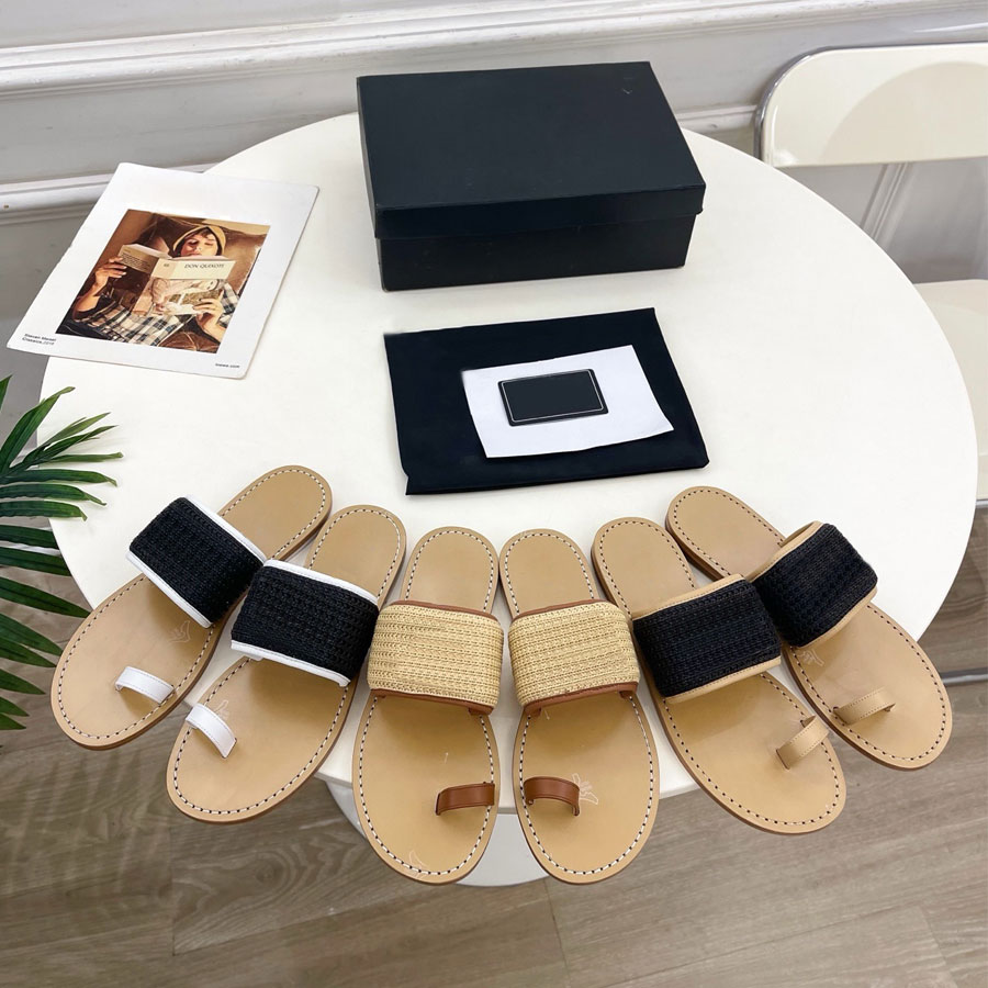 High quality new real leather Raffia slippers Slides women's flip-flops Beach sandals Flat shoes Luxury designer Slides for weomens Casual Holiday Vacation shoes