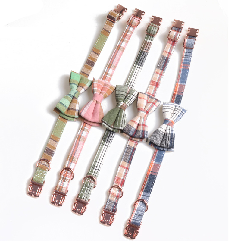 Pet Collar British Plaid Pattern Detachable Bowknot With Bell Comfortable Collar For Cats Kittens Macaron Color