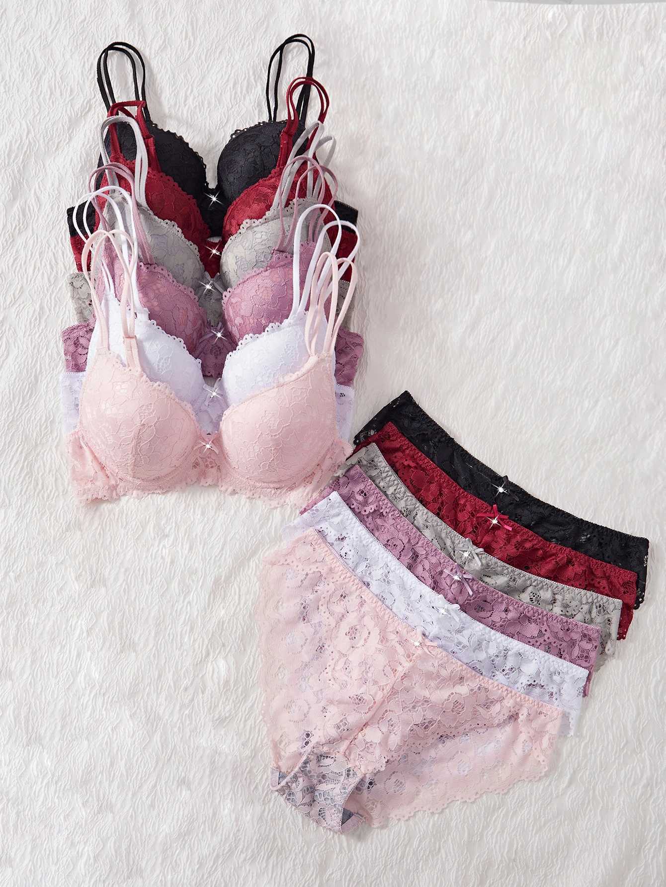 6-Piece Set Womens Bra and Panties Set Patterned Lace Patchwork No Lining Comfortable Fitting Womens Push up Bra Womens Underwear Set Z260402