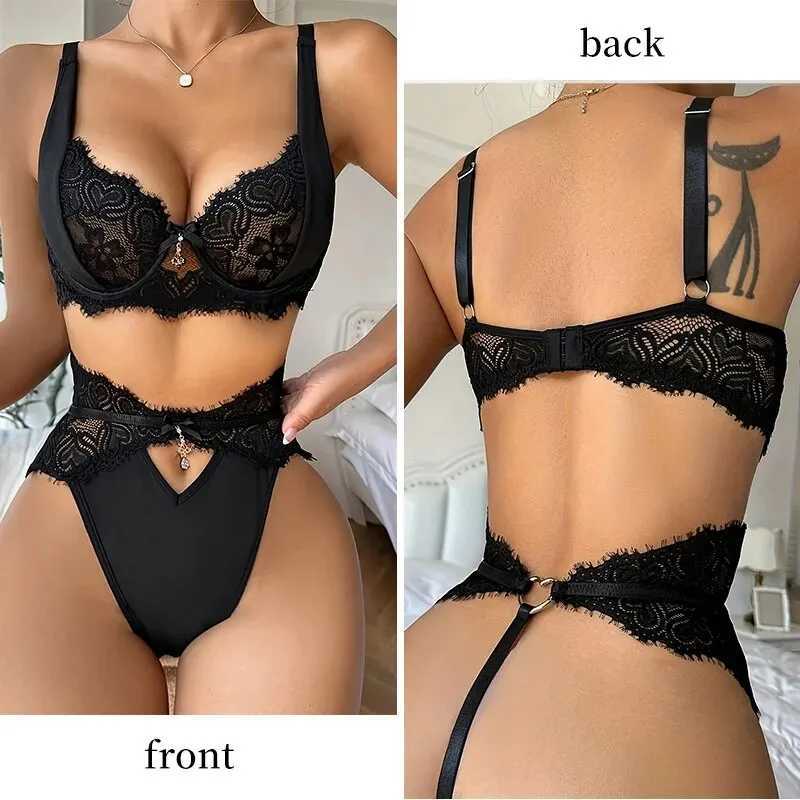Womens Lace Lingerie Set with Black Lace Patchwork and Pendant Decoration for Women Bra Set Z260402