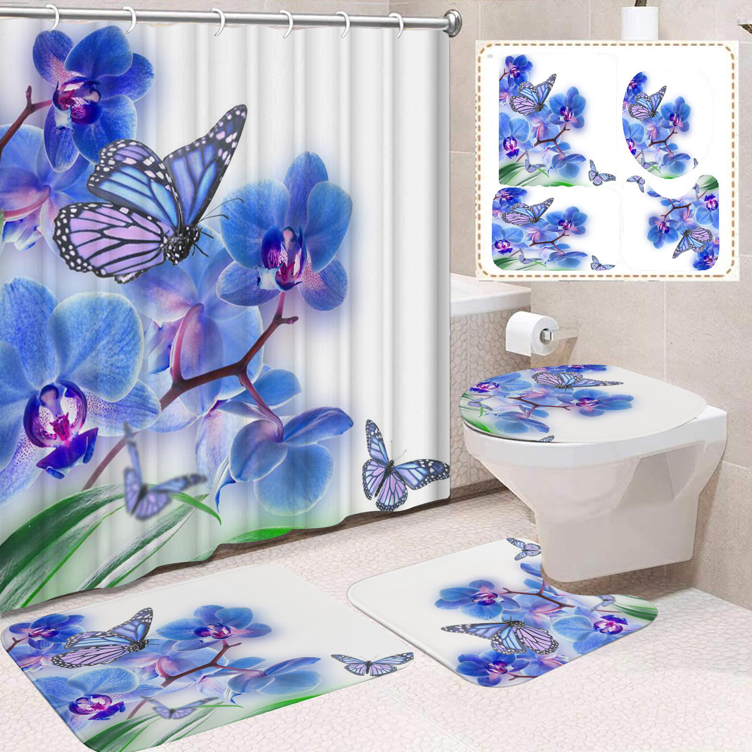 YL-38431 Home Decor Pink Butterfly and Flower Waterproof Shower Curtain Set (Four Pieces) Factory