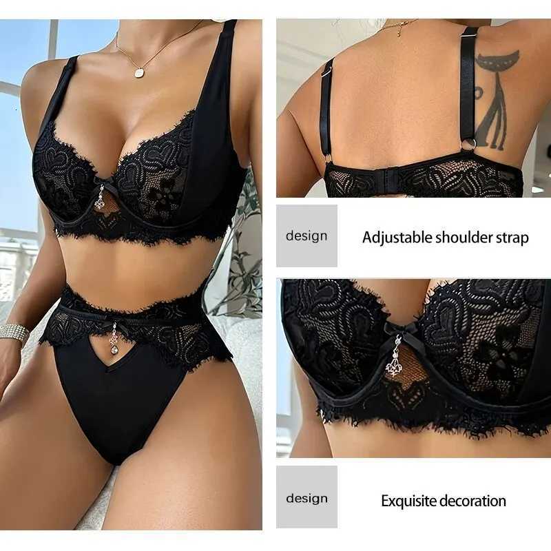 Womens Lace Lingerie Set with Black Lace Patchwork and Pendant Decoration for Women Bra Set Z260402