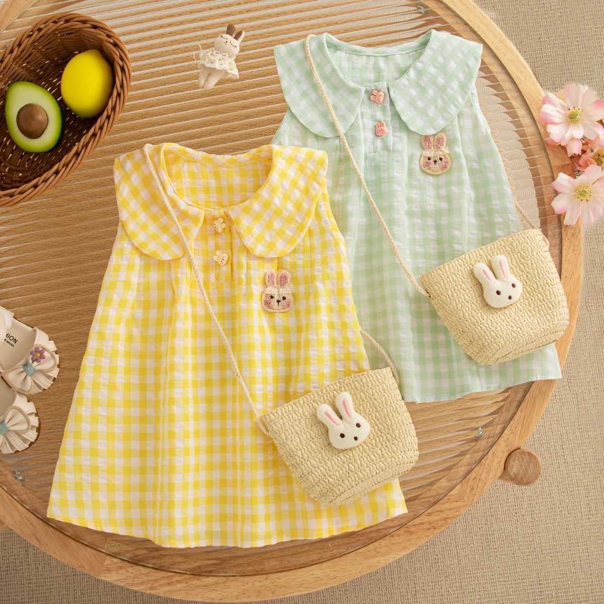 Baby Girl Dress Summer Plaid And Cartoon Pattern Sleeveless Doll Collar Baby Dresses Cute Casual Girl Kids Dress With Bag H260402