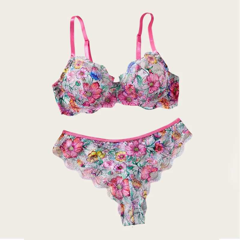 Female Lingerie Sweet Print Mesh Underwear Beautiful Floral Bra Panty Set Summer Intimate Lingerie Ultra Bralette Set Z260402