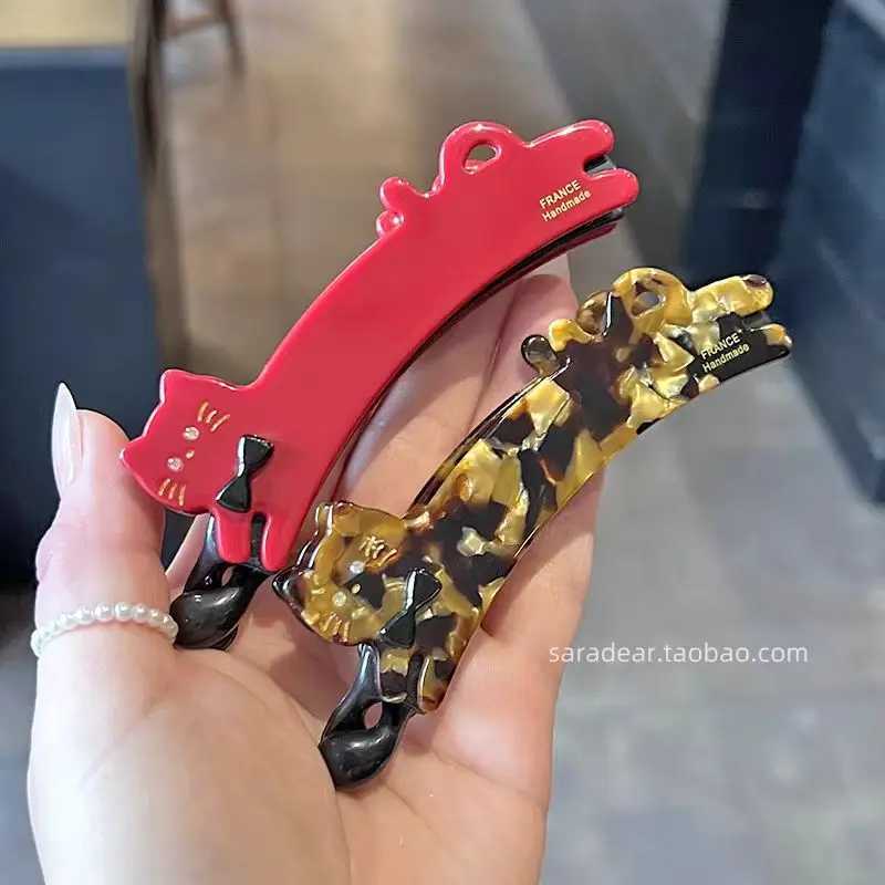 Korean-style cat-shaped acetate hair clip for women back-of-the-head vertical clip ponytail hairpin high-end look banana clip H260402