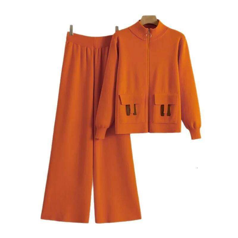 Women 2 Piece Set Knit Sweater Jacket Cardigan Wide Leg Pant Casual Knitted Outfits Tracksuit Suit Autumn Winter Knitwear