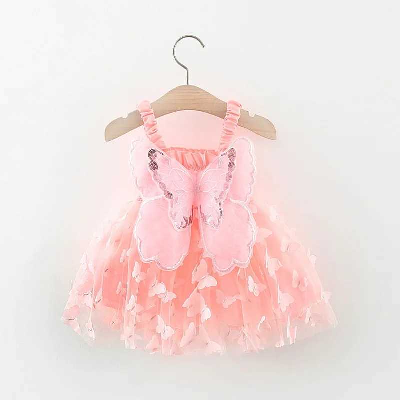 Summer 0-3 Girls Dress Solid Color Butterfly 3D Mesh Splicing Butterfly Wings Strap Fluffy Dress H260402