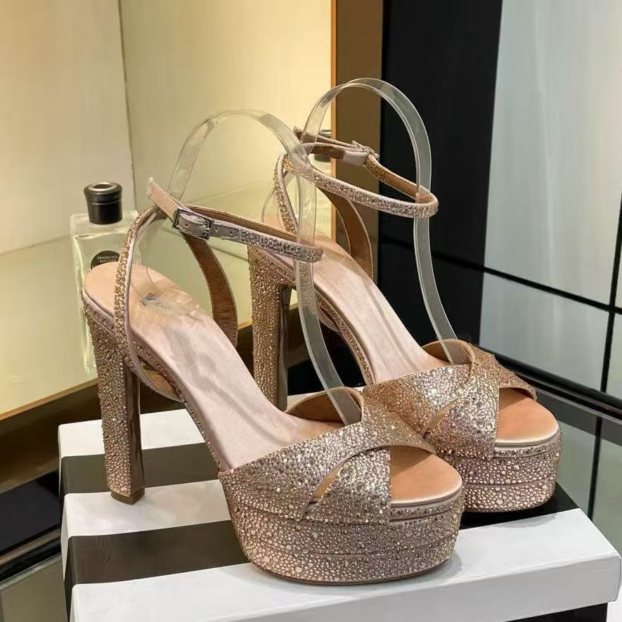 Shine Crystal Platform Sandals heeled Chunky Block heels Almond open-toe women's luxury designers leather outsole pretty evening Party shoes Size 35-42 Bring with box
