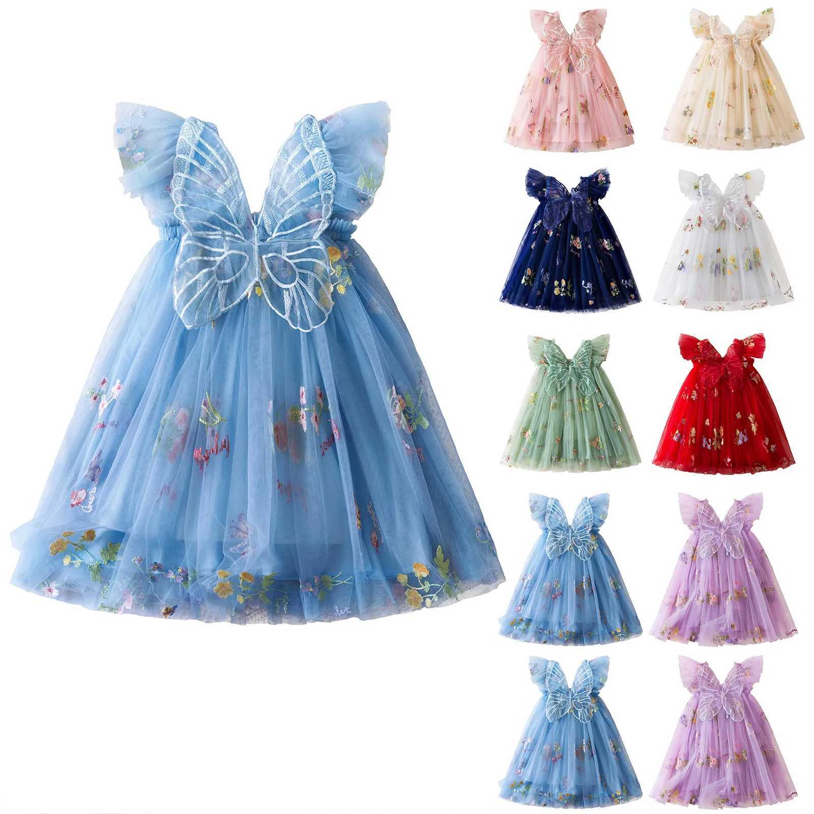 Butterfly Dress for Kids Girls 1-5 Yrs Sweet Summer Mesh Dress Flower Embroidery Birthday Party Princess Dresses with Butterfly H260402