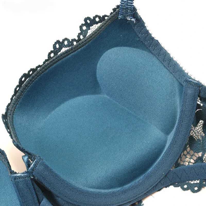 Embroidery Underwear Set Lace Blue Brassiere A B C Cup Thick Cotton Women Push Up Bra and Panties Set Brand Lingerie Deep V Z260402