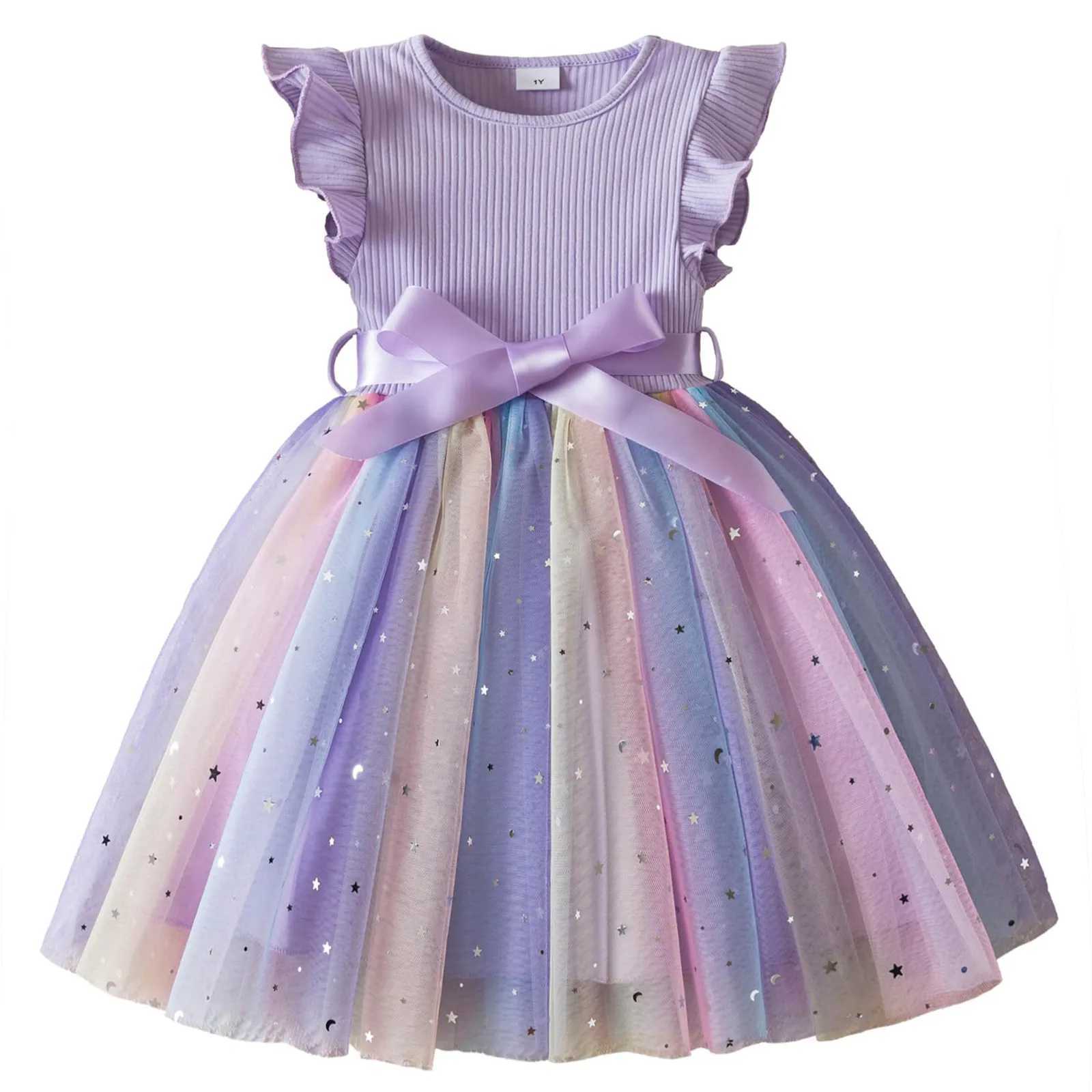 New Girls Dress for Sequins Birthday 1-5Y Toddler Girls Rainbow Tulle Dress Sweet Kids Princess Dress for Girls 2025 Summer Wear H260402