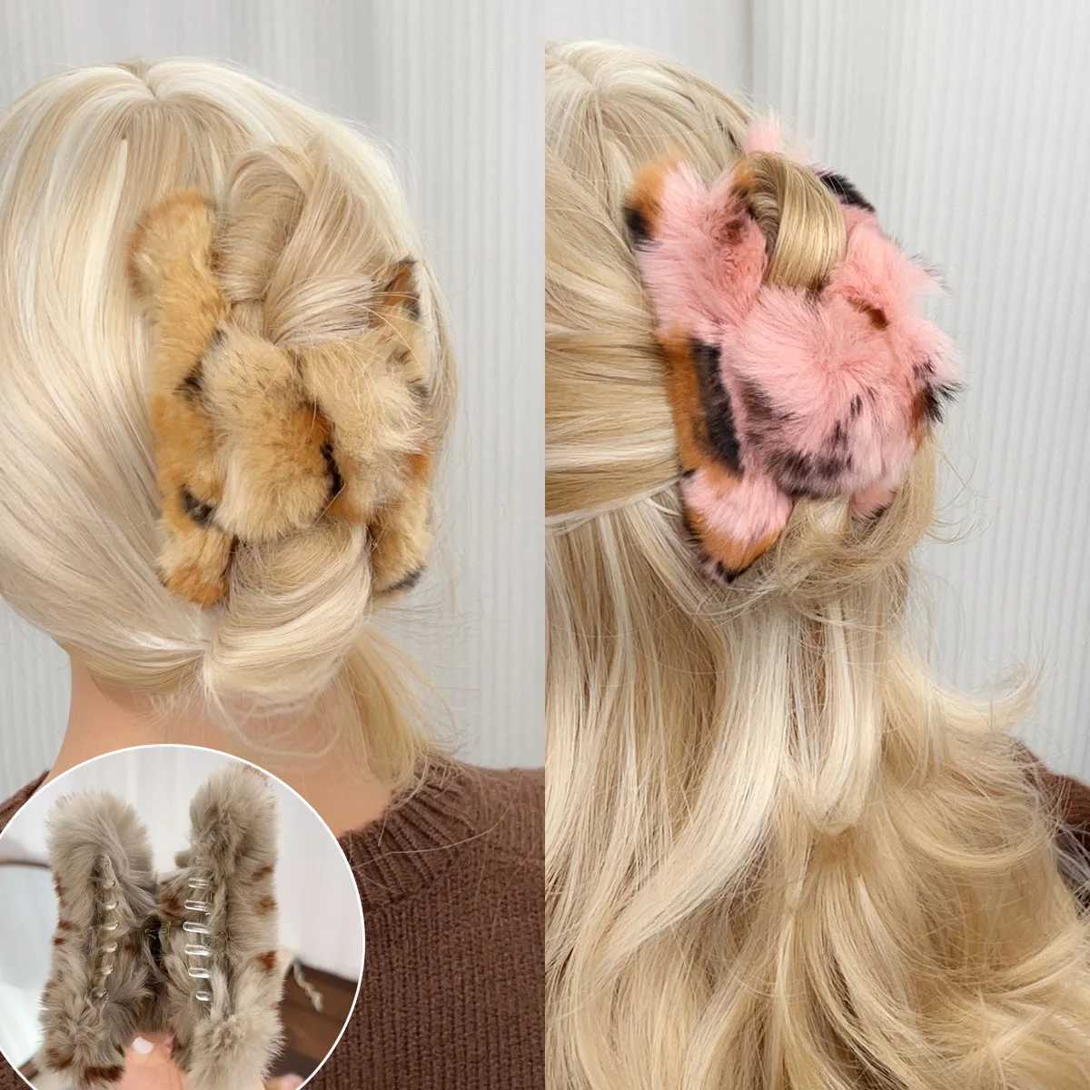 Luxury Large Plush Otter Rabbit Hair Claw Clip for Women Elegant Fuzzy Chunky Hair Clip Big Volume Bun Maker Shark Clip H260402
