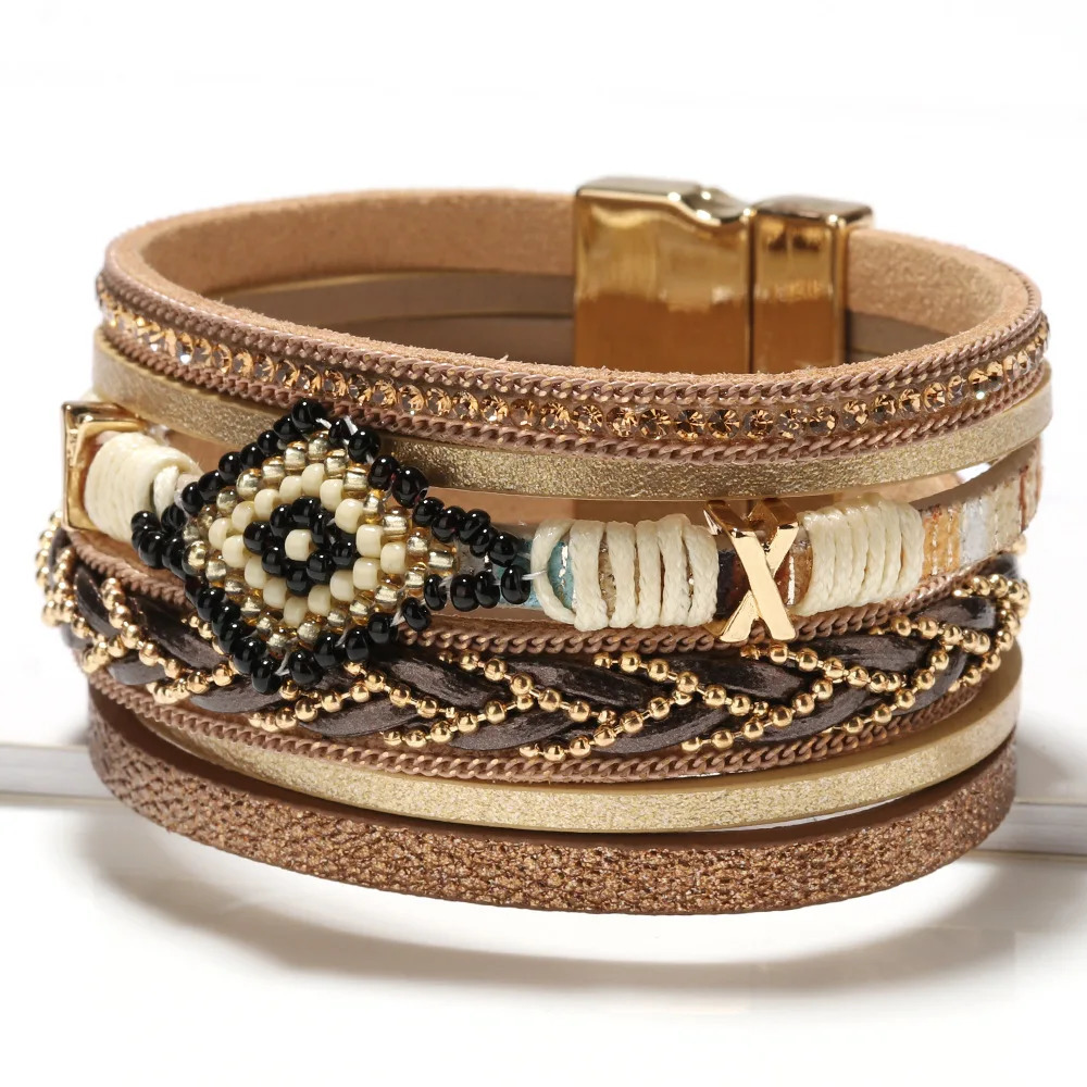 Bohemian wind cross-border jewelry Europe Fashion eyes rice beads hand-woven leather bracelet female simple jewelry 260318BJ