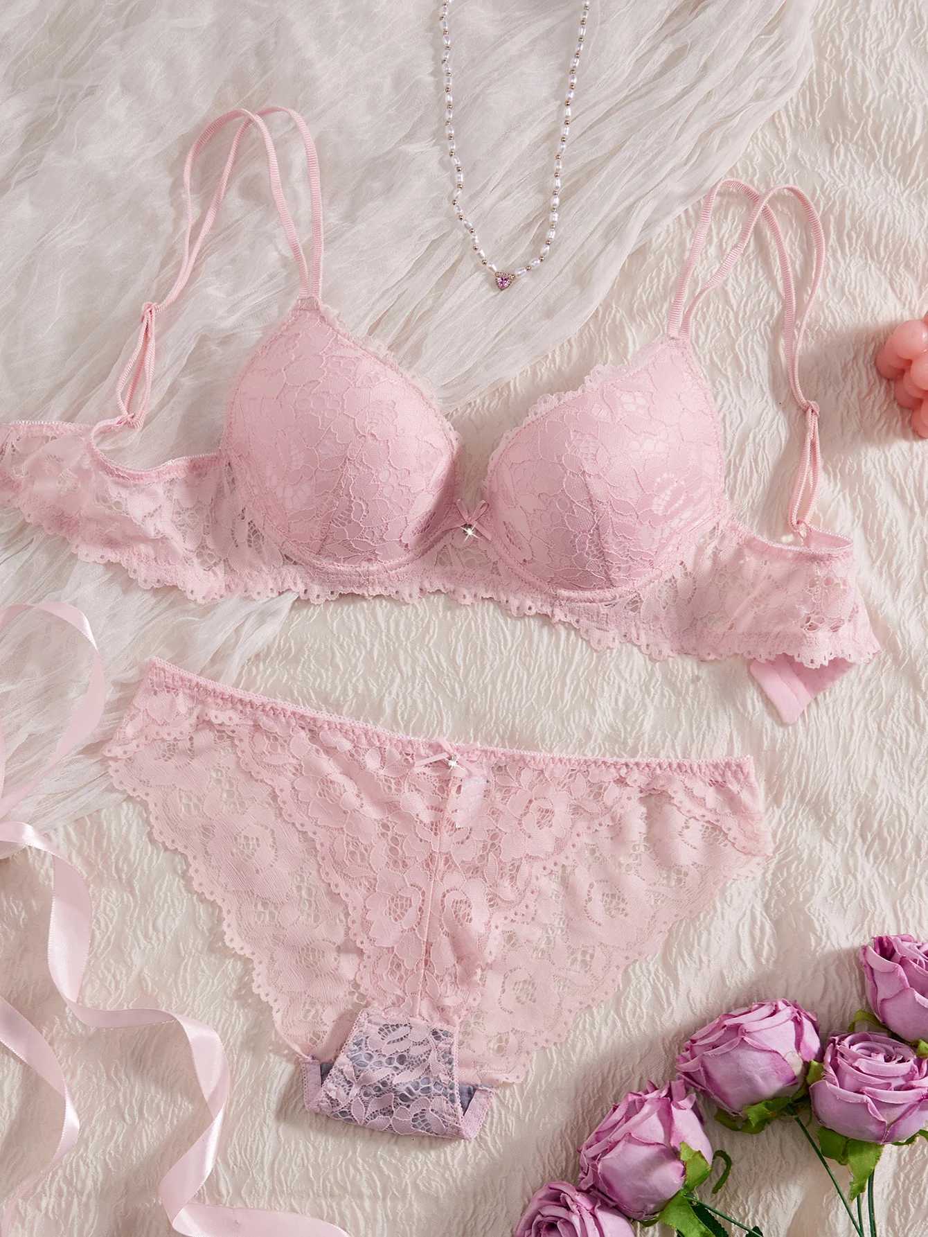 Solid Color Womens Underwear Set Lace Patchwork with Push-Up Bow Bra Romantic Semi-Transparent Womens Panties Z260402