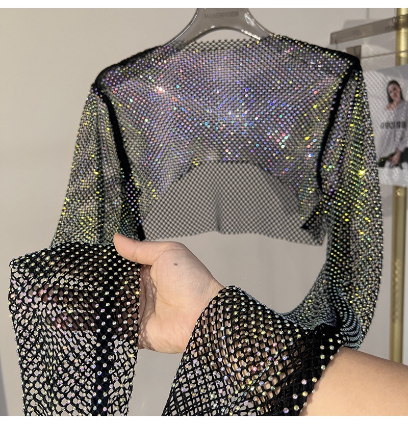 Women Sexy Rhinestone Cropped Long Sleeve Top Crystal Embellished Slim Fit Tee Clubwear Party Outfit - view 8