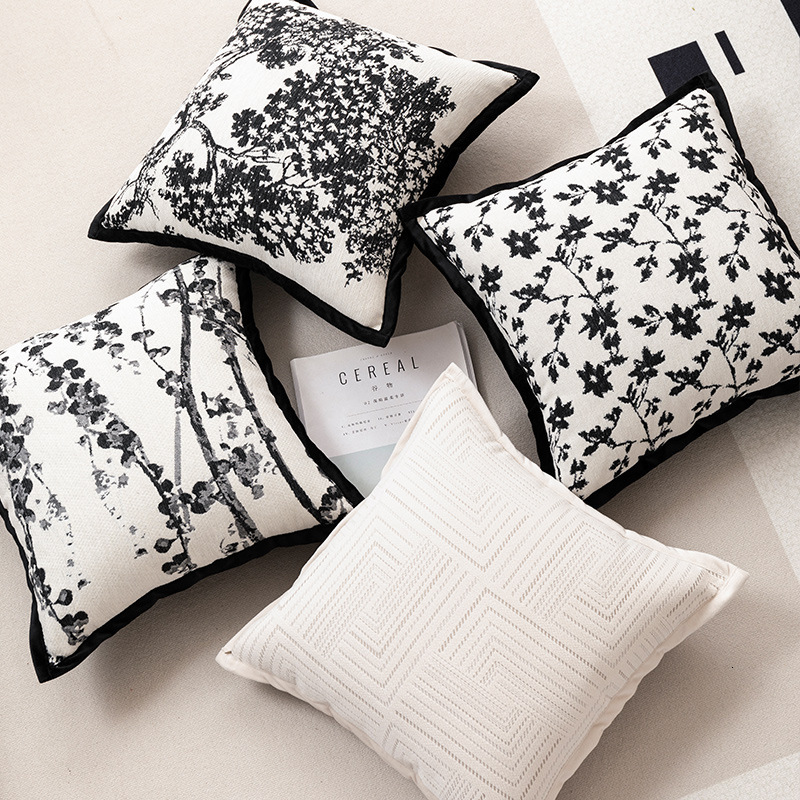 Pillowcase Light Luxury Black And White Chenille Sofa Pillowcase Living Room Headboard Bed Backrest Cushion Camellia Style
