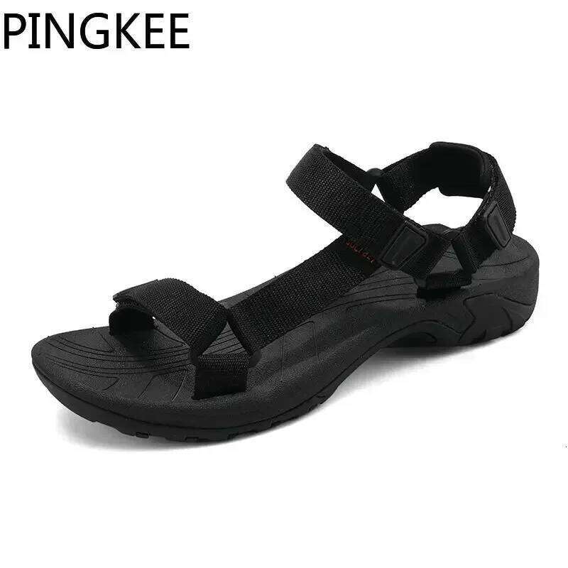 PINGKEE Fabric Upper Adjustable Hook Loop Closure Open Toe Sandals Leather Male Sandal Classic Summer Slip on Flat Men's Shoes