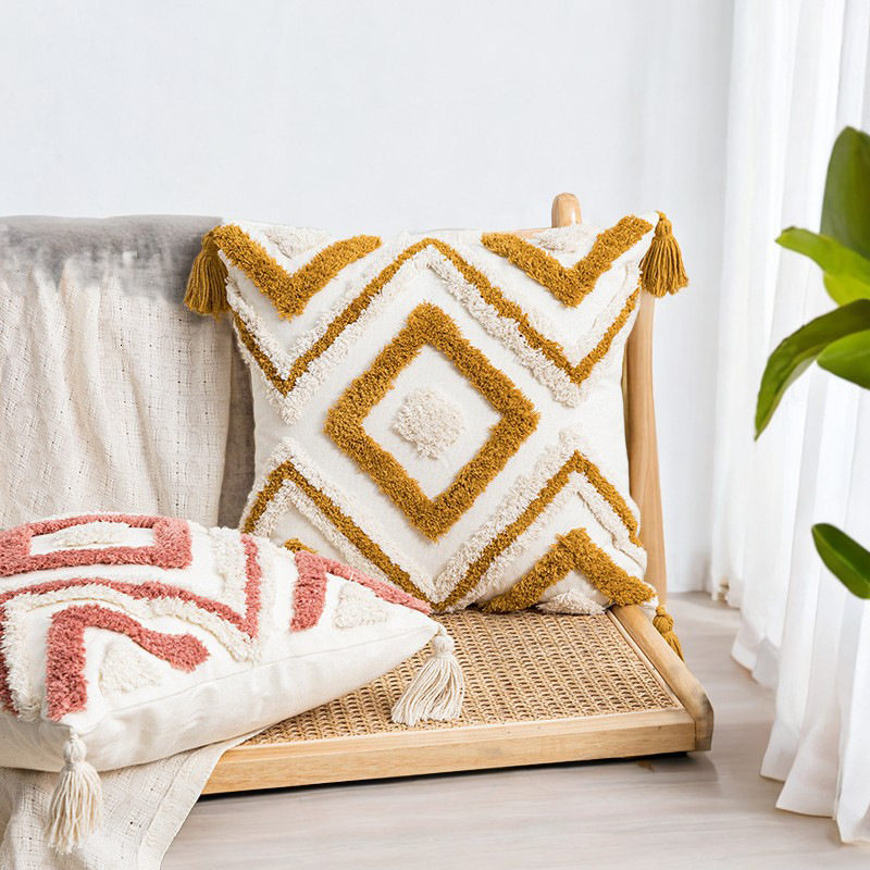 Pillowcase Bohemian Style Throw Pillow Moroccan Ethnic Style Tassel Cushion Tufted Square Living Room Sofa Pillow Cover